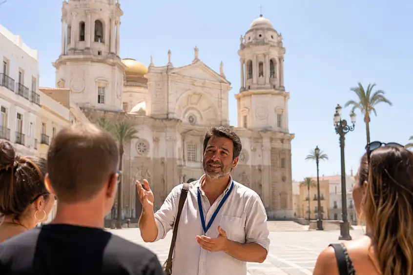 Stadtführer vor der Kathedrale von Cádiz