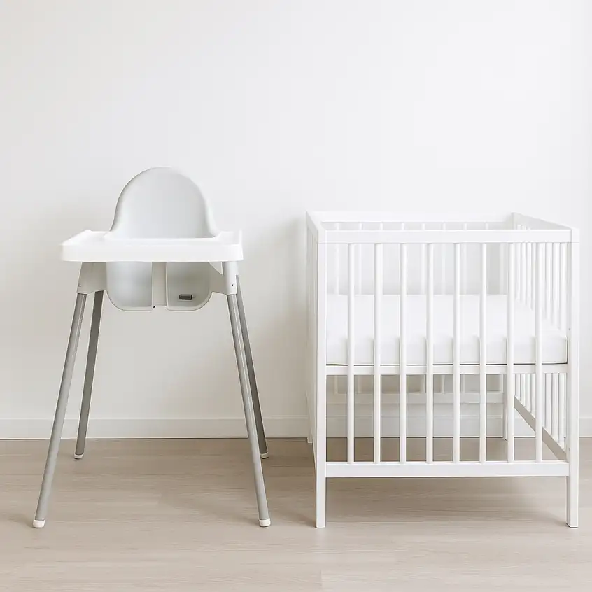 Kinderbett und Hochstuhl vor weißer Wand